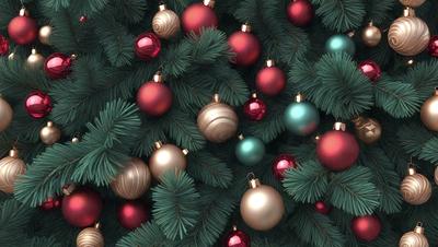 The primary subject of the image is a Christmas tree adorned with ornaments. The tree is filled with various ornaments, including red, green, and gold balls. The setting is a festive environment, likely indoors, with a focus on the tree as the main object. The visual style is a combination of photo and digital art, creating a realistic yet decorated appearance. The colors and mood of the image are predominantly warm and cheerful, reflecting the holiday spirit.